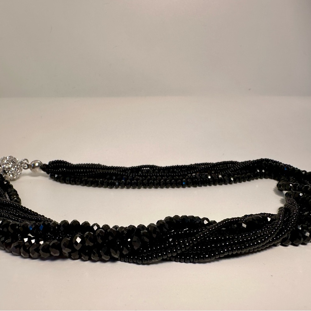 Elegant 90’s Vintage , Multi Stranded Jet Black Beads Necklace